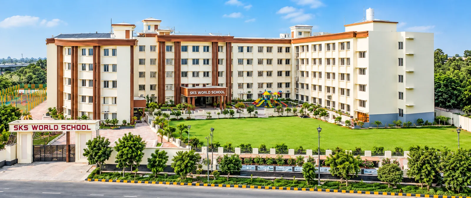SKS World School campus building and front lawn