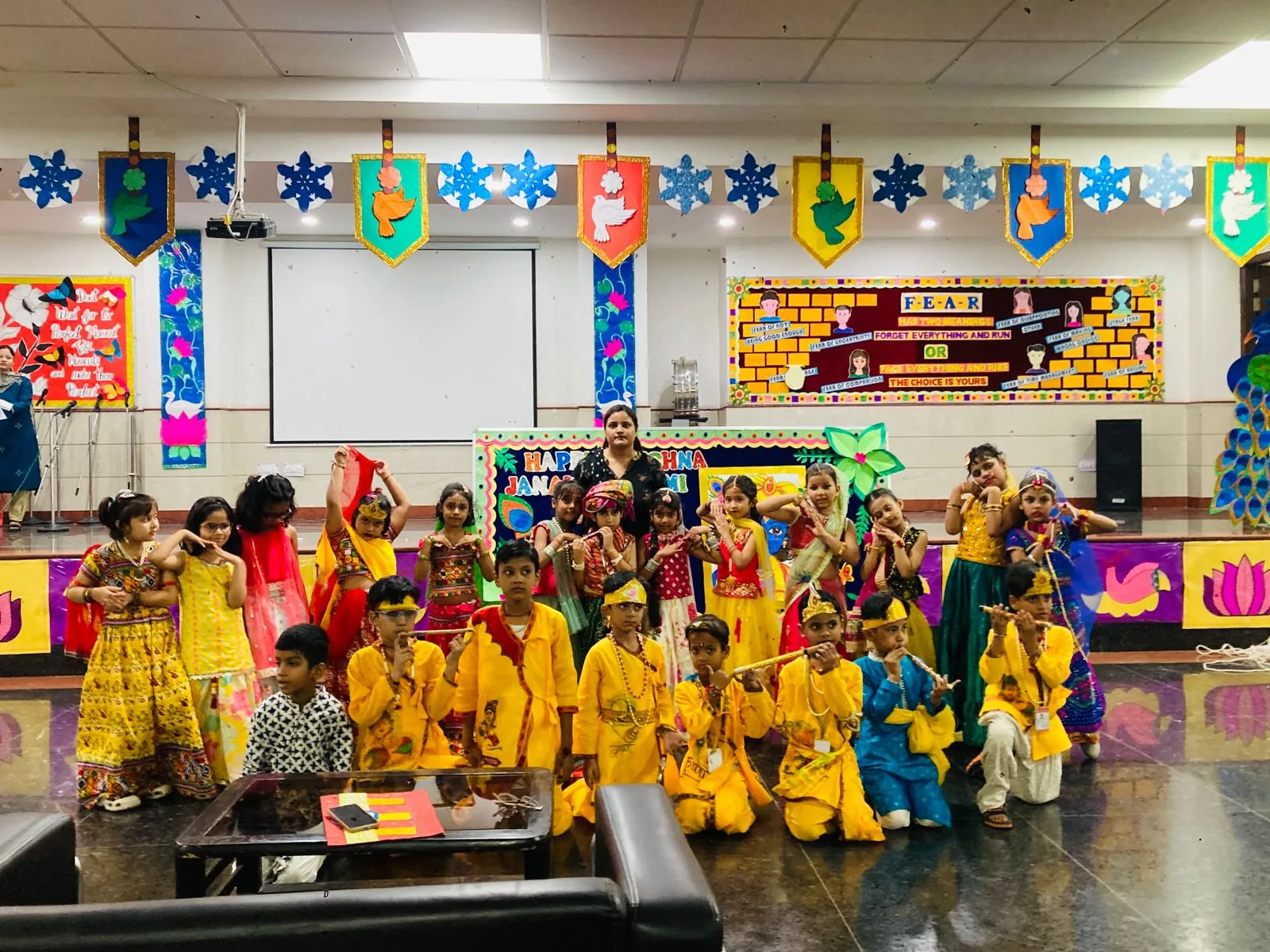 Young students dressed as Radha and Krishna for Janmashtami at SKS World School, Greater Noida West