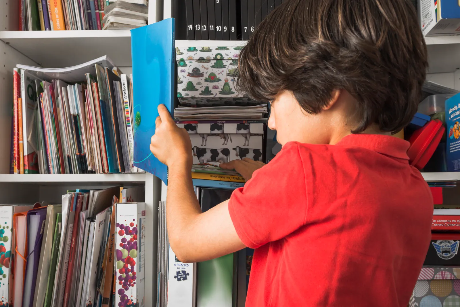 Child choosing a book from the library shelves