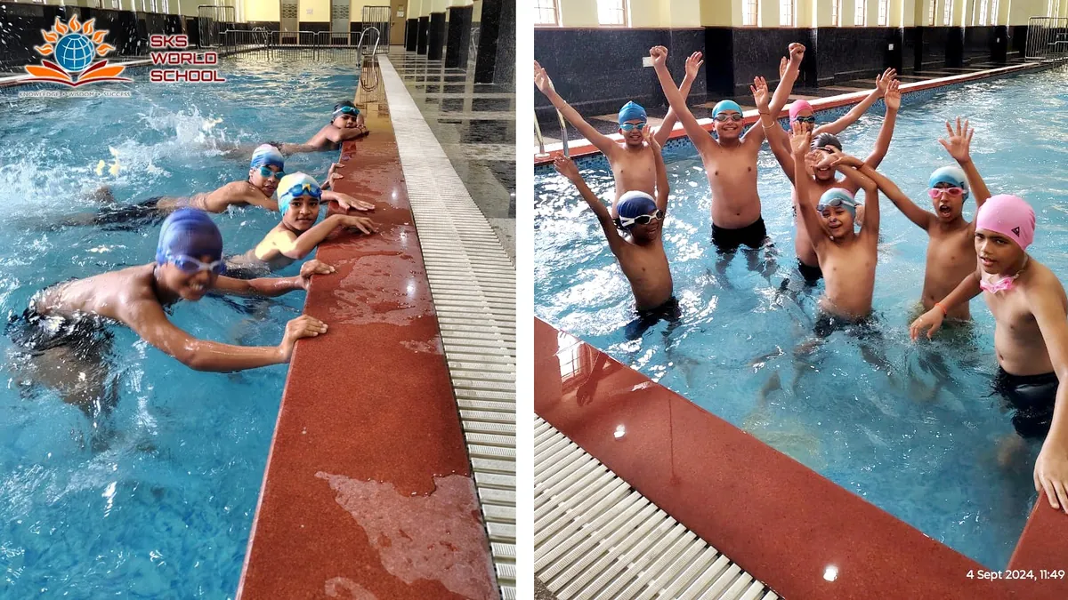 Students swimming and celebrating in the school pool at SKS World School, Greater Noida West