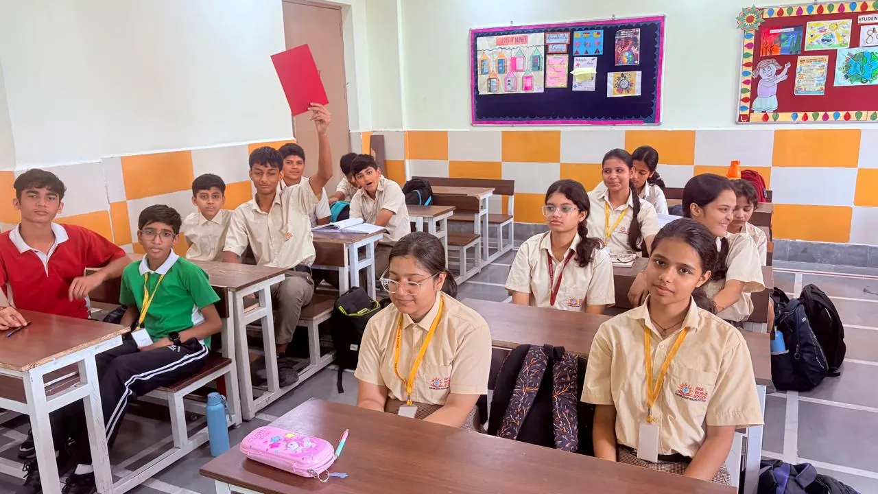Senior students in a bright classroom at SKS World School, Greater Noida West