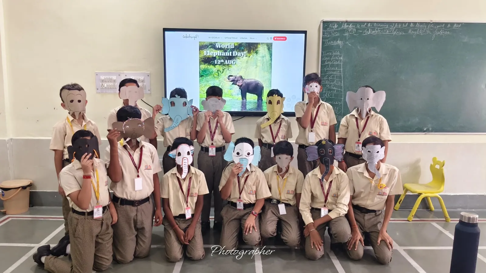 Students wearing handmade elephant masks for World Elephant Day at SKS World School, Greater Noida West