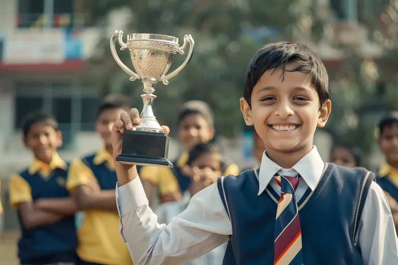 Smiling SKS World School student holding up a trophy