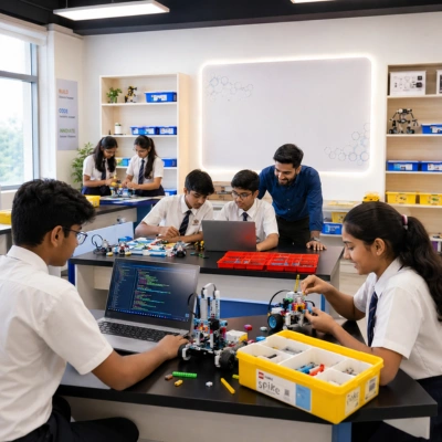 Students building and coding LEGO robots in the robotics lab