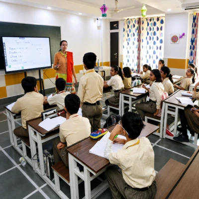 Teacher using an interactive smart board in a classroom